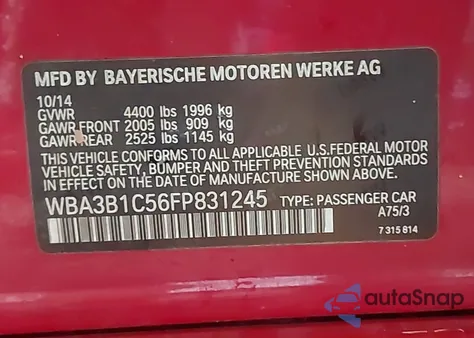 2015 BMW 320I из США, поврежденный, VIN WBA3B1C56FP831245